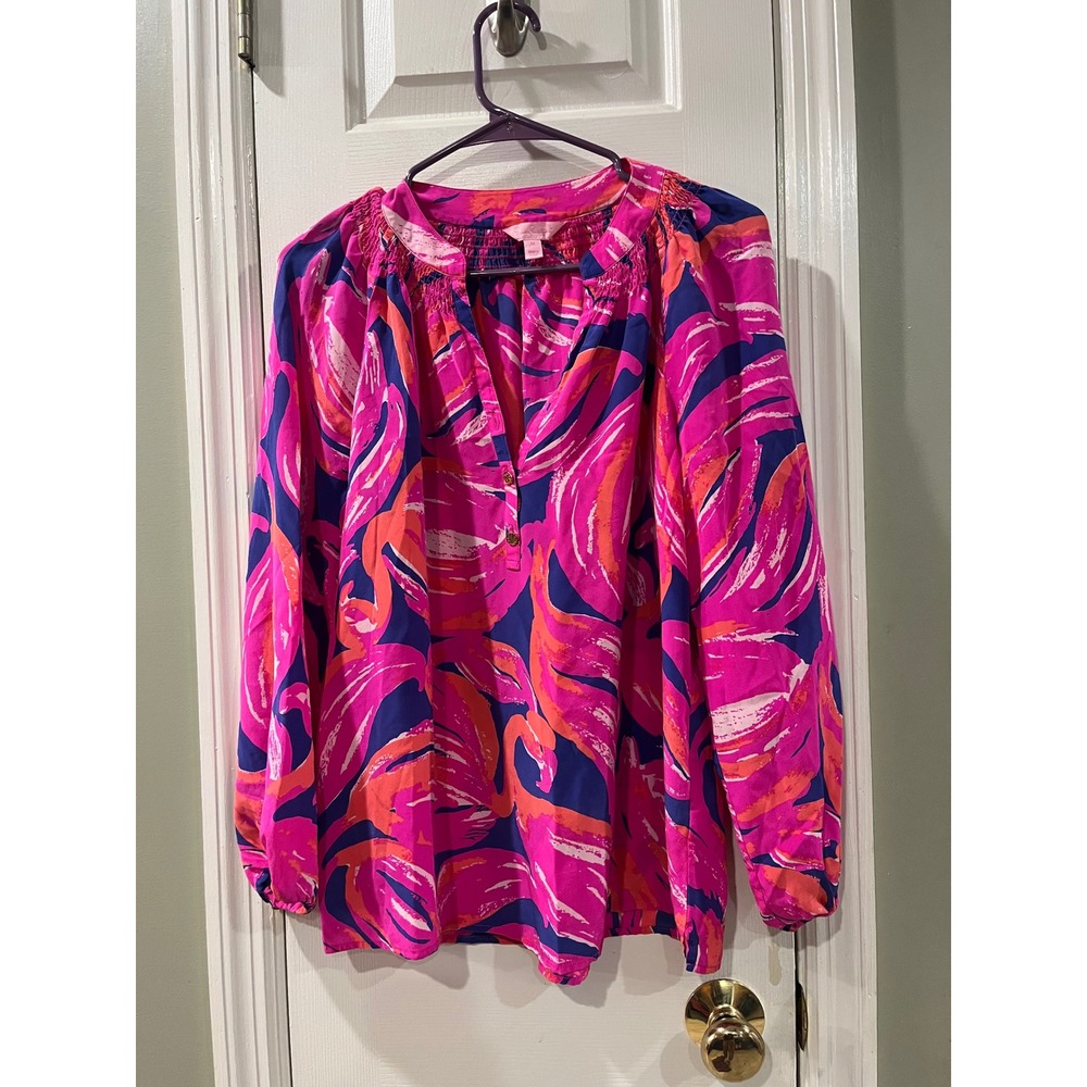 Lilly Pulitzer Elsa Silk Blouse Pink Blue Flamingo Print Smocked Top Womens M
